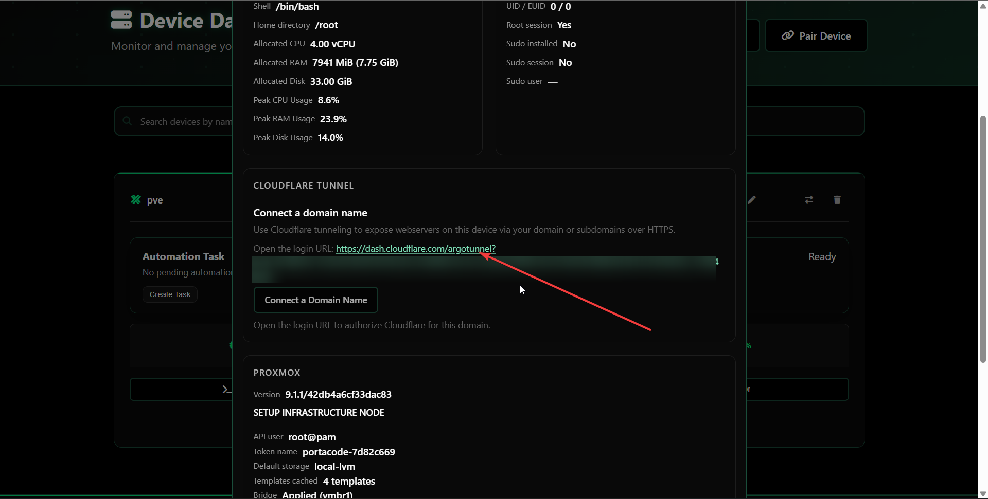 Cloudflare authorization link in device modal