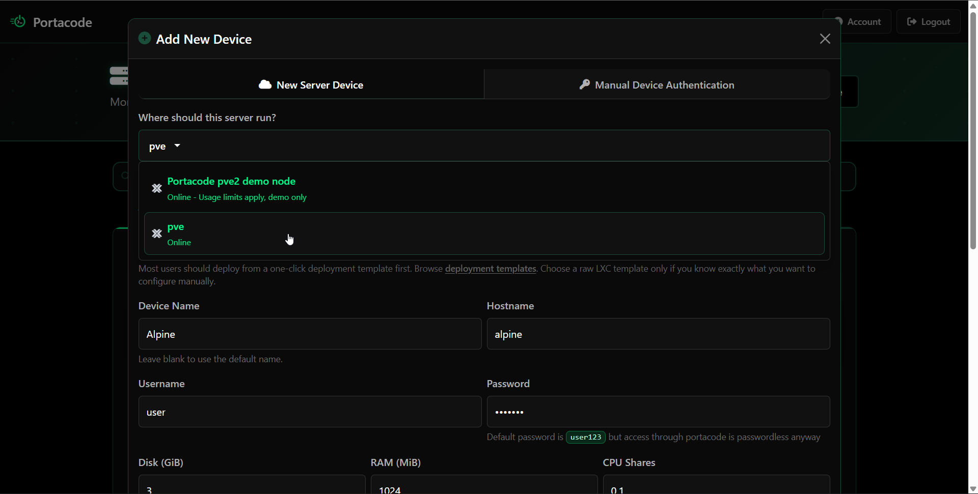 Add Device modal listing user Proxmox node